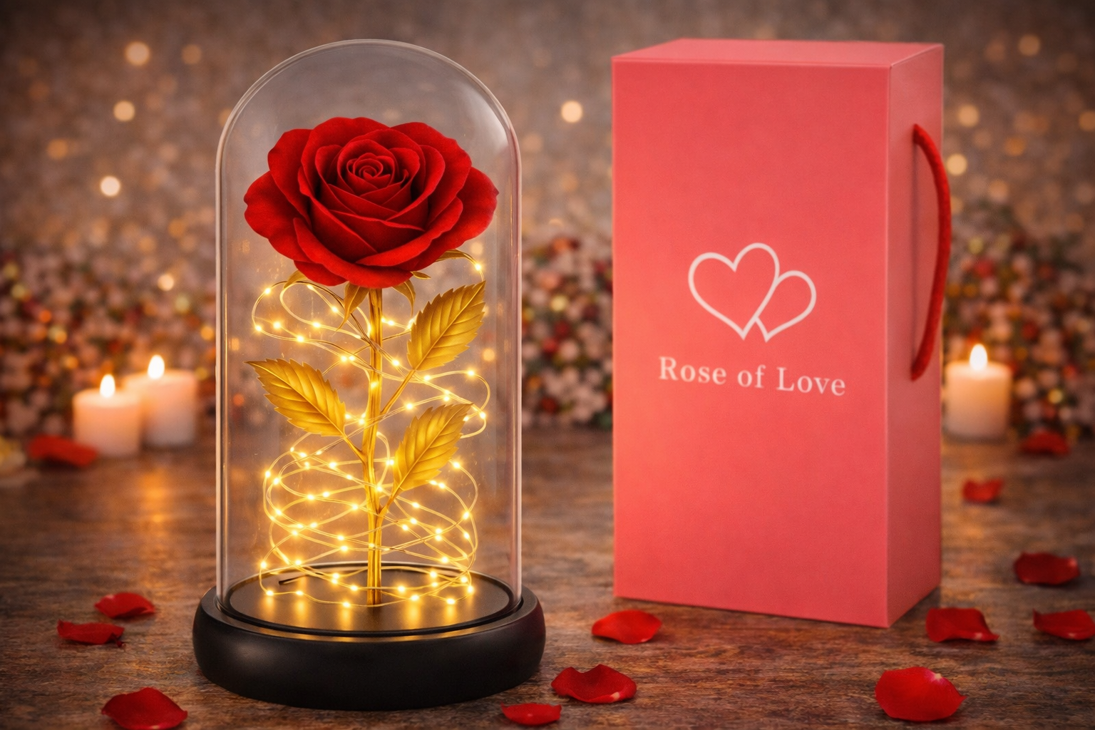 Ewige Rose LED Leuchte – Romantische Kunstblume unter Glas